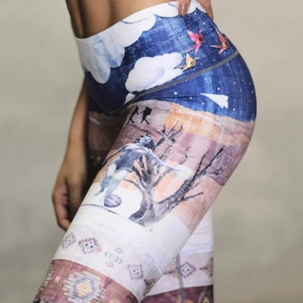 NIYAMA SOL blue white brown clouds print mustang sally endless long leggings - Picture 3 of 11